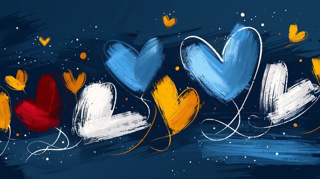 hearts painted blue background yellow red brush stroke grey golden streaming signature cheerful atmosphere orange lambda