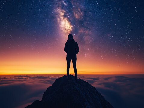 Silhouette of young traveler watched the star and milky way on top of the mountain alone before sunrise