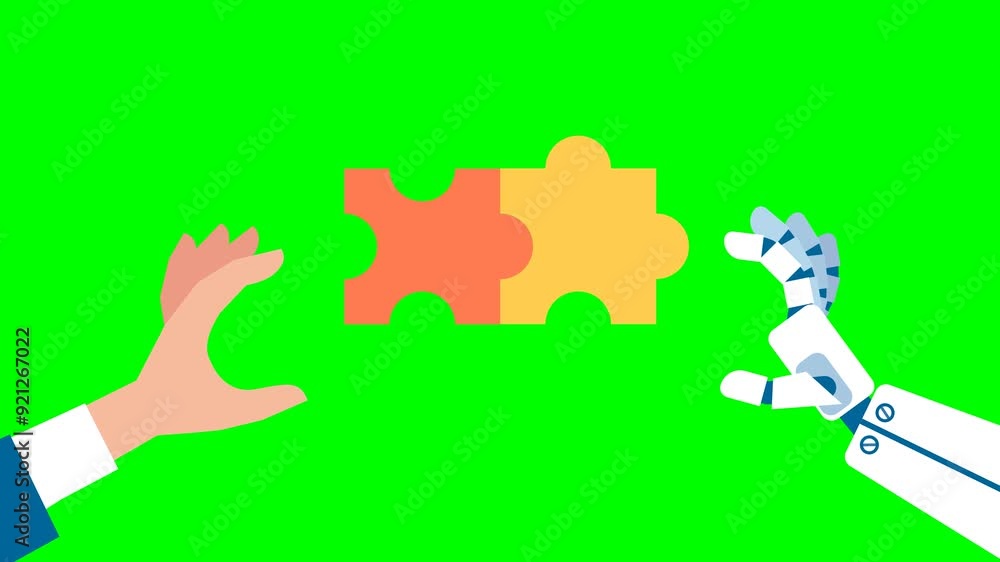 Poster man's hand in a blue business suit appears on the left. robot's hand appears on the right. collabora