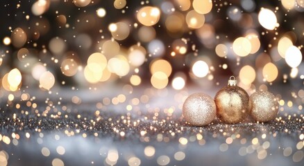 Sparkling Gold Ornaments on Glittering Background During Winter Holidays