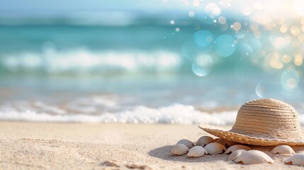 straw hat beach shells sitting relax happy hot sunny pro visualize glittering ornaments floating particles color restoration ratio young sweltering