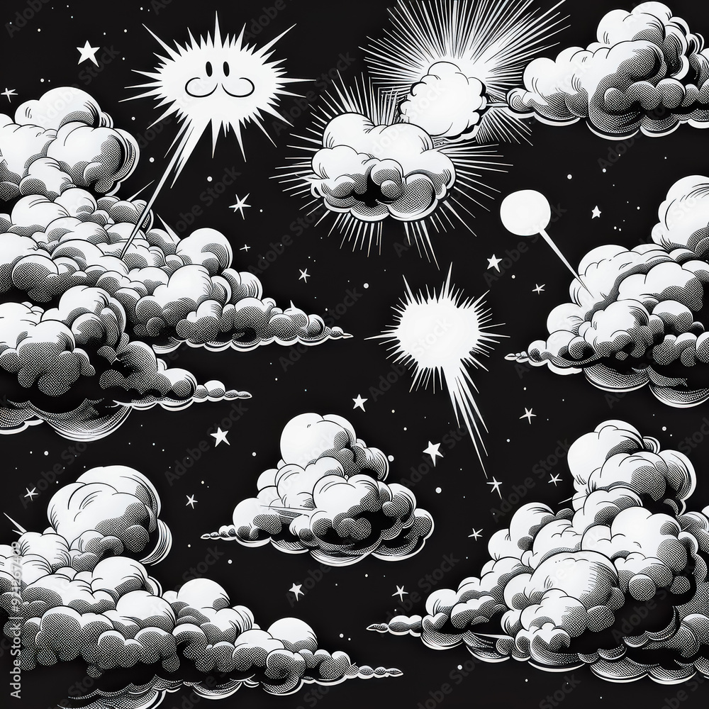 Canvas Prints a black and white drawing of a starry sky with clouds and a sun. the clouds are drawn in a way that 