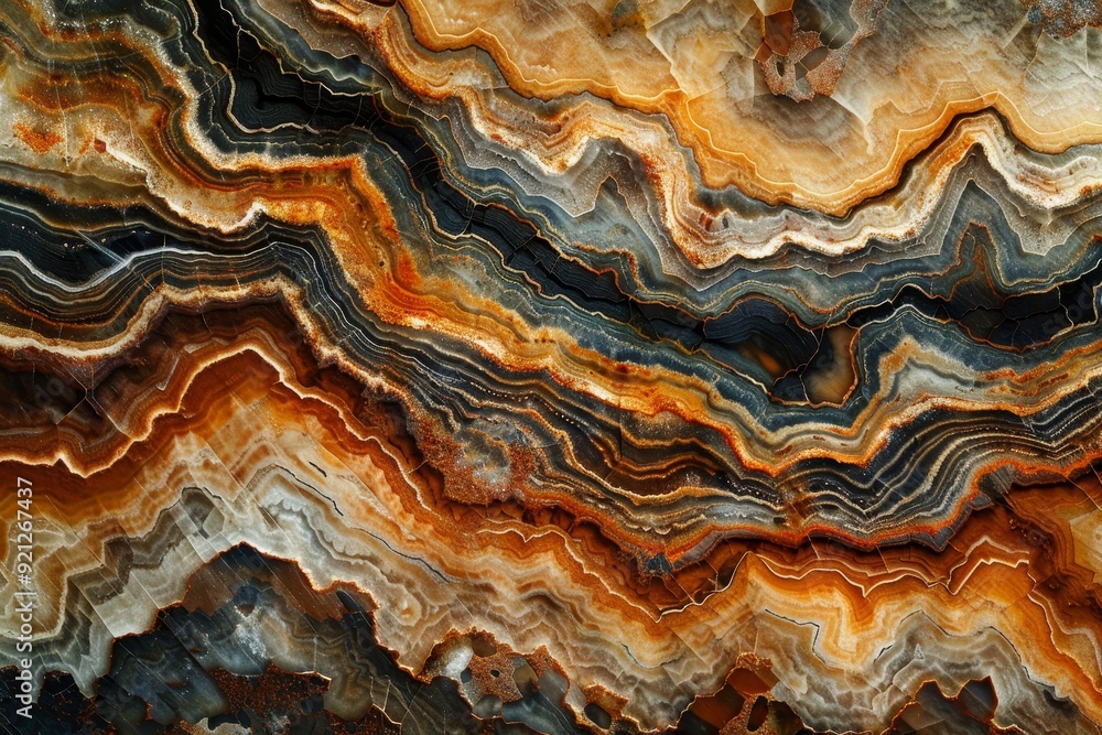 Poster detailed view of intricate patterns in orange and brown layers of an agate stone, illustrate the int