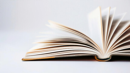 Open book with flipping pages on a light background, symbolizing knowledge, study, and education. Ideal for literary and academic themes.