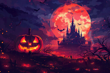 Fototapeta premium A pumpkin with a scary face is sitting on the ground next to a graveyard generative ai.