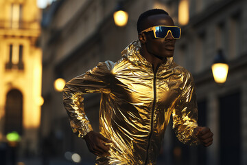 Determined Black Athlete in Gold Reflective Jacket Running at Dusk, Urban Street