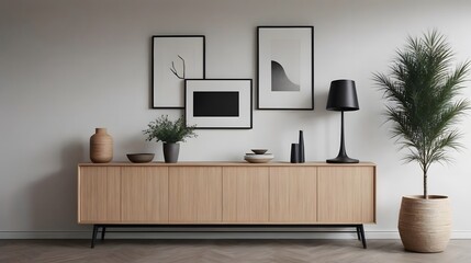 Modern living room with sofa, chair and wooden sideboard and other interior accessories design, ai generated interior image template.