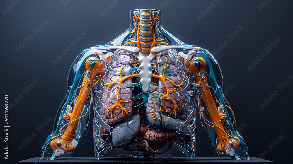 Poster a human body with a robotic arm and a robotic head. ideal for illustrating the fusion of humanity an