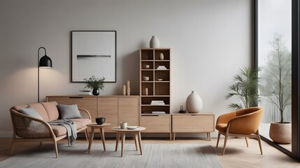 Modern living room with sofa, chair and wooden sideboard and other interior accessories design, ai generated interior image template.