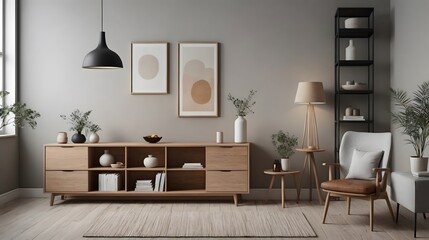Modern living room with sofa, chair and wooden sideboard and other interior accessories design, ai generated interior image template.