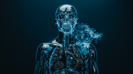 A man's body is shown in blue with a blue smoke surrounding him. The smoke is coming from his lungs, which are shown in detail. Concept of the importance of the lungs