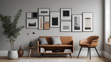 High resolution stylish living room interior design template, ai generated interior image.