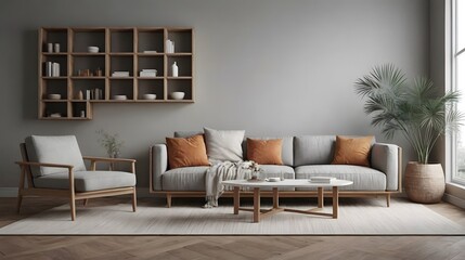 High resolution modern living room with grey color sofa and other suitable furniture interior design template, ai generated interior image.