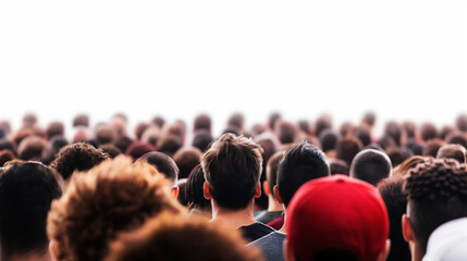 Large diverse crowd of people viewed from the back in an outdoor setting, symbolizing unity, diversity, and community gathering.