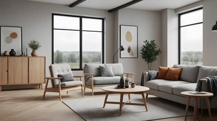 High resolution modern living room with grey color sofa and other suitable furniture interior design template, ai generated interior image.
