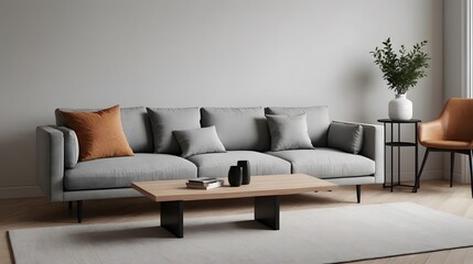 High resolution modern living room with grey color sofa and other suitable furniture interior design template, ai generated interior image.