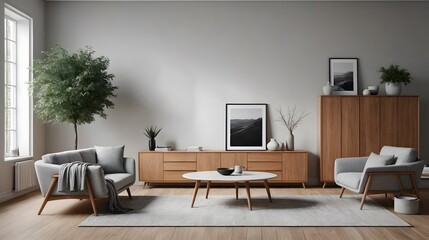 High resolution stylish living room interior design template, ai generated interior image.