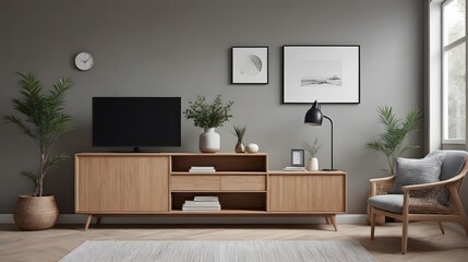 High resolution stylish living room interior design with empty television screen template, ai generated tv unit mock up interior image.