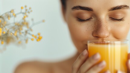 woman drinking orange juice portrait skin texture closing eyes clothed non nude small nose freckles floating perfume holding orb morning glow heart shaped face