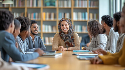 Fototapeta premium Diverse University Students Engaged in a Roundtable Discussion at the Library