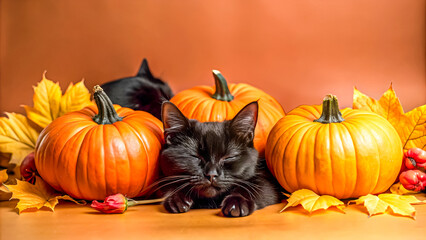 Cozy autumn scene &ndash; black cat nestled among pumpkins and golden leaves against orange background for festive seasonal designs