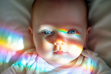Close-Up of Newborn Baby Boy with Prism Light Reflections on His Face