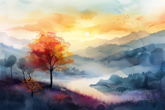 tree field lake mountains background sunset falling leaves dreaming about faraway place early entirely gradients realms trees rivers sunbeams