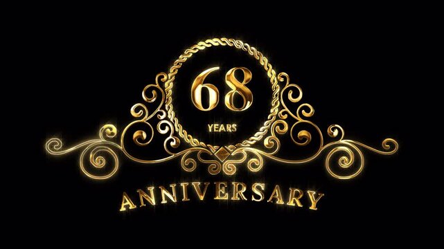 68th Anniversary Celebration. Happy 68 Years Anniversary Animation in Gold Color on the Transparent Background, Alpha Channel. Great for greetings, celebrations, events, and gifts.