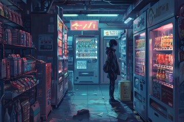 A girl standing in a hallway lined with vending machines, choosing a snack, Illustrate the tension between convenience and privacy in the digital age