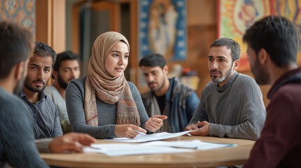 Diverse Team Meeting with Young Hijab-Wearing Professional Leading Discussion