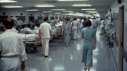 Healthcare Workers Attending Patients in Busy Hospital Ward During Daytime