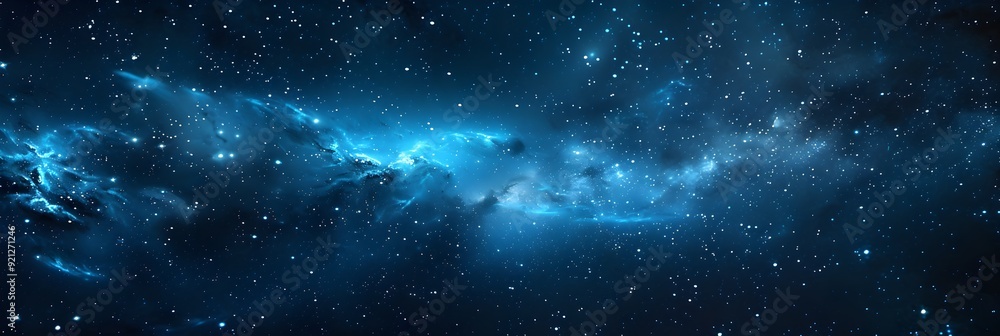 Poster a dark background with stars and galaxies, representing the vastness of space. the blue glow is used