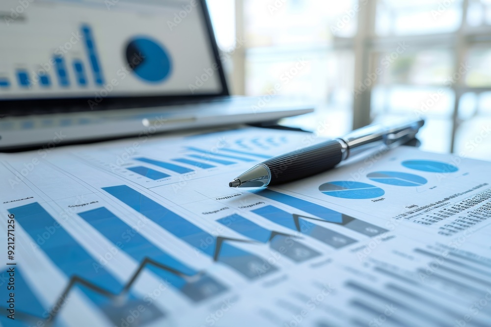 Poster a pen lying next to graphs on a desk with a laptop open, illustrating revenue streams and pricing st