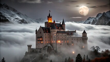 A majestic castle stands tall on a rocky cliff, shrouded in mist with a full moon shining above.