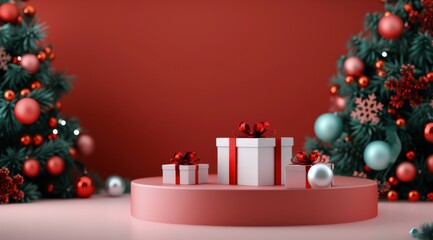 Festive Red Christmas Decorations With Gift Boxes and Tree Display