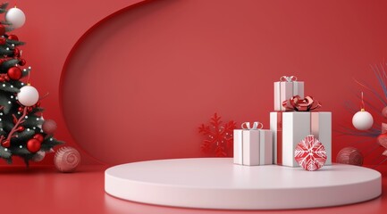 Festive Red Christmas Decorations With Gift Boxes and Tree Display