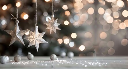 Silver Star Ornaments Hanging on a Festive Background With Snow and Twinkling Lights