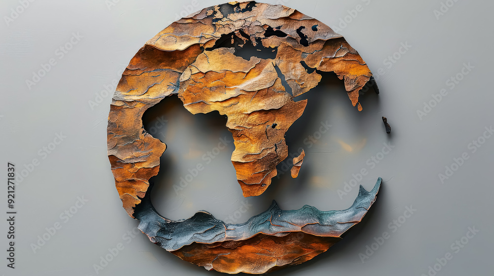 Poster a globe with a hole in it. the globe is made of wood and has a brownish color