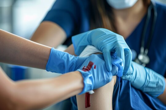A nurse is carefully wrapping a bandage around a patients knee to provide support and protection, Illustrating the correct way to apply pressure to stop bleeding