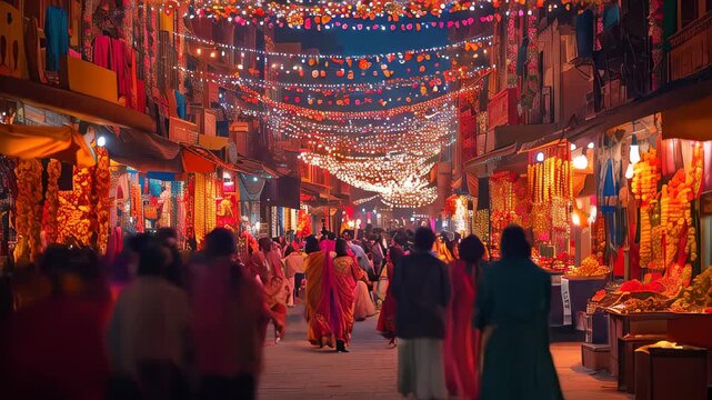Colorful Diwali festival decorations on busy Indian street, evening celebration with lights and cultural traditions, vibrant market scene
