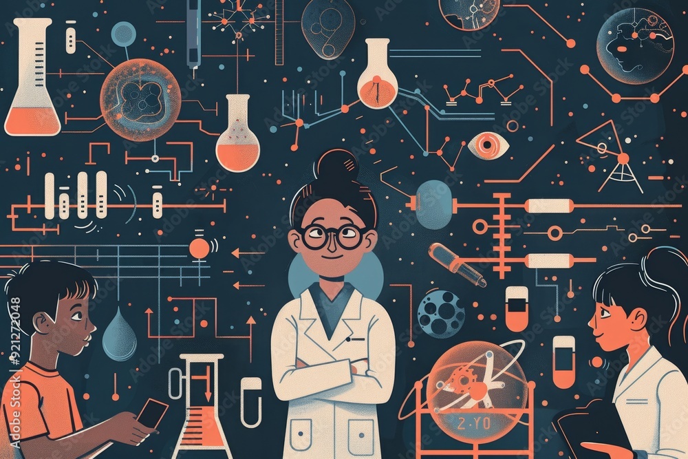 Aufkleber group of people in lab coats examining various science objects in a research laboratory setting, ill