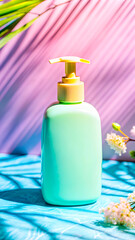 Pure elegance: minimalist skincare bottle on pink fond suitable for luxury cosmetic branding, minimalist product showcases, and modern design inspiration.