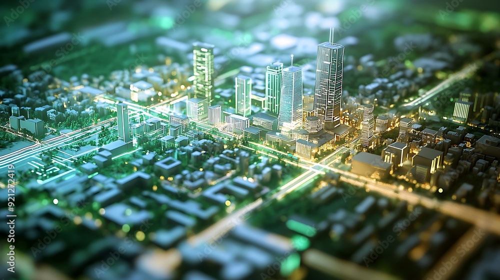 Poster futuristic urban planning center with ai-driven city modeling and augmented reality visualizations