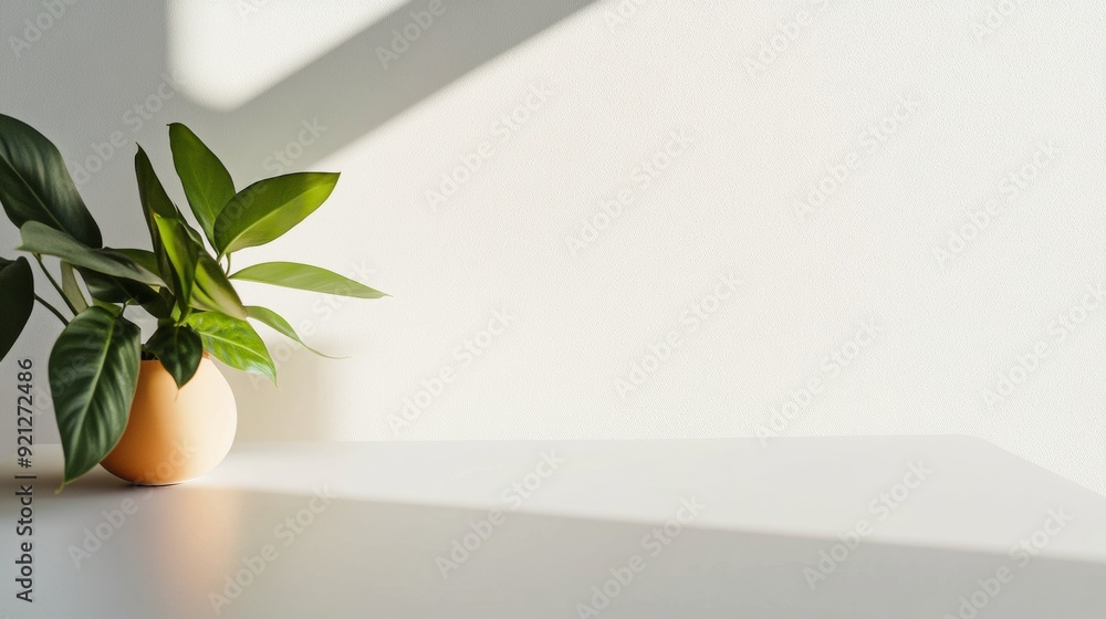Poster calm serene minimalist library setting with white stucco table for product display montage - low-ang