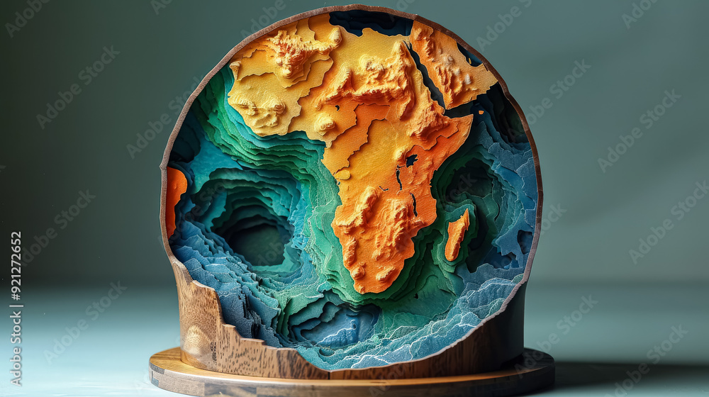 Poster a globe with a hole in it. the globe is made of wood and has a brownish color