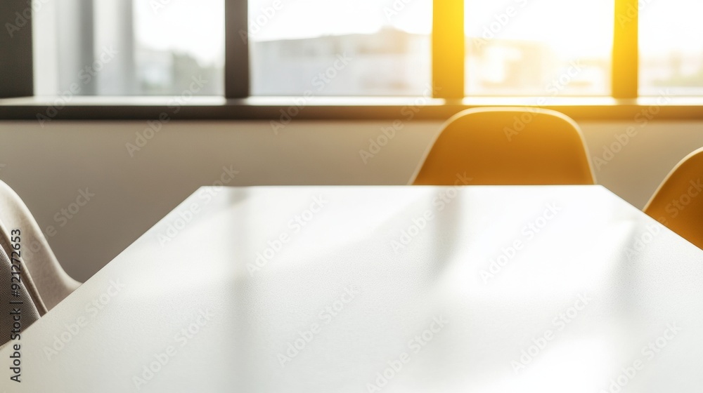 Poster Serene Minimalist Library Table with Soft Daylight, Ideal for Product Display or Study Themes
