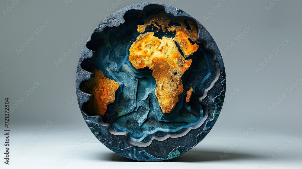 Poster a globe with a hole in it. the globe is made of wood and has a brownish color