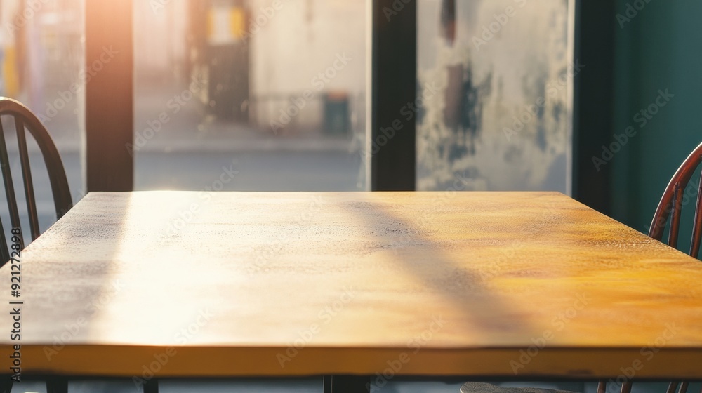 Poster serene calm yellow stucco table in tranquil room with bokeh effect, natural soft lighting for produc