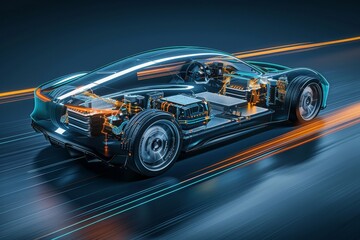 Fototapeta premium Futuristic Electric Car Driving on Dark Road, Illustrating the powerful performance capabilities of an electric sport car, with a focus on its advanced battery system