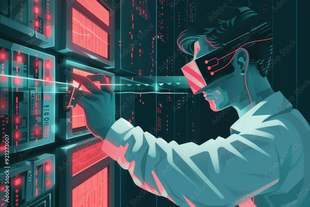Poster a man in a virtual reality headset is busy working on a computer screen, illustrating the process of
